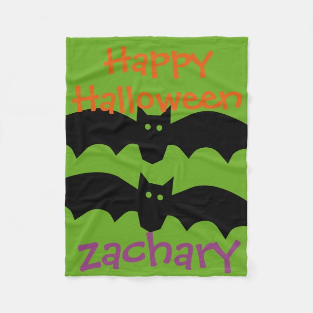 Happy Halloween Black Bats on Green Personalised Fleece Blanket (Front)