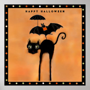 Happy Halloween Black Cat and Acrobat Poster
