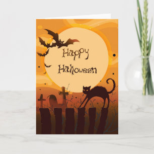 Happy Halloween Black Cat and Bats Card