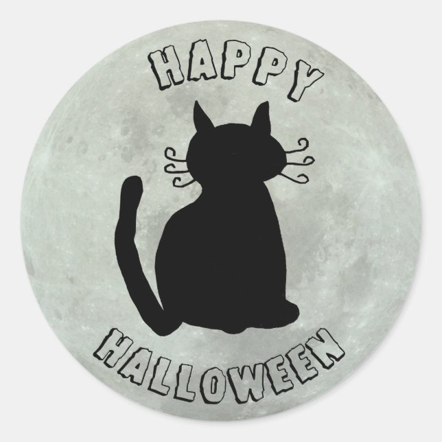 Happy Halloween Black Cat and Full Moon Classic Round Sticker (Front)