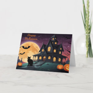 Happy Halloween Black Cat and Haunted House Holiday Card