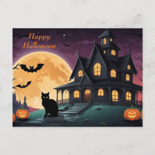 Happy Halloween Black Cat and Haunted House  Holiday Postcard