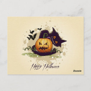 Happy Halloween Black Cat and Jack Postcard