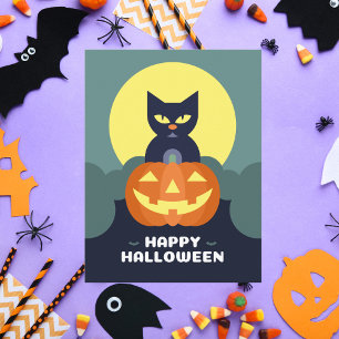 Happy Halloween Black Cat and Pumpkin Holiday Postcard