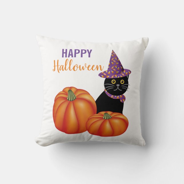 Happy Halloween Black Cat and Pumpkins Decorative Cushion (Front)