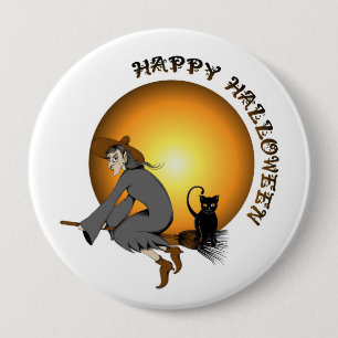 Happy Halloween Black Cat and Witch 10 Cm Round Badge