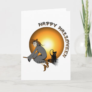 Happy Halloween Black Cat and Witch Card