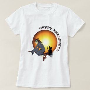 Happy Halloween Black Cat and Witch T-Shirt