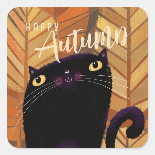 Happy Halloween Black Cat Autumn Fall Square Sticker (Front)