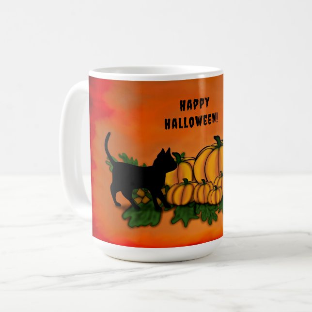 Happy Halloween , Black Cat , Bat and Pumpkin Coffee Mug (Front Left)