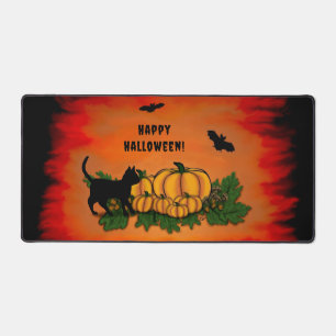 Happy Halloween , Black Cat , Bat and Pumpkin Desk Mat