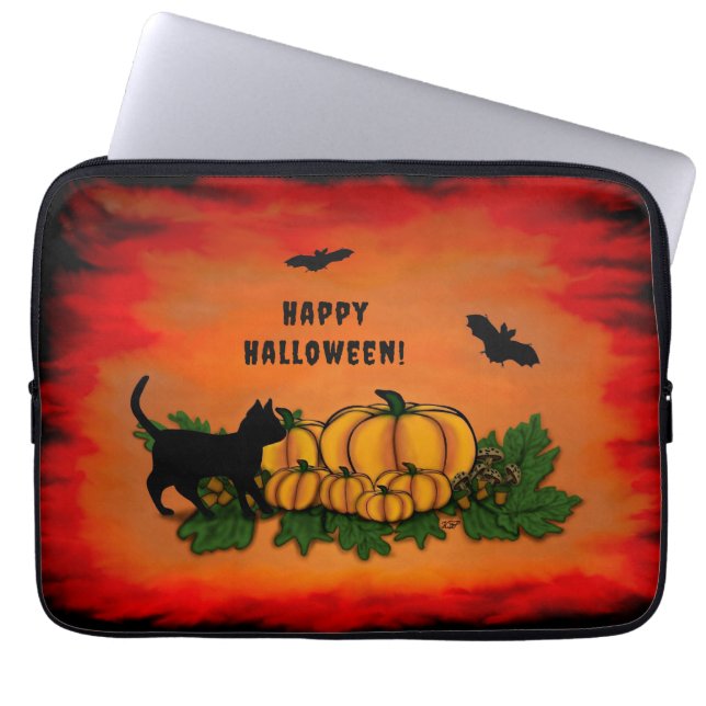 Happy Halloween , Black Cat , Bat and Pumpkin Laptop Sleeve (Front)