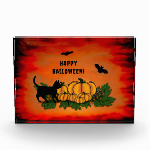 Happy Halloween , Black Cat , Bat and Pumpkin Photo Block