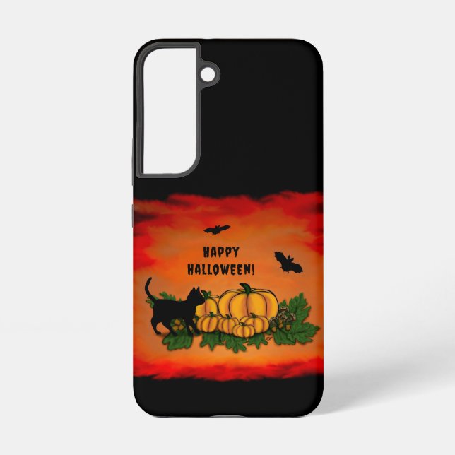 Happy Halloween , Black Cat , Bat and Pumpkin Samsung Galaxy S22 Case (Back)