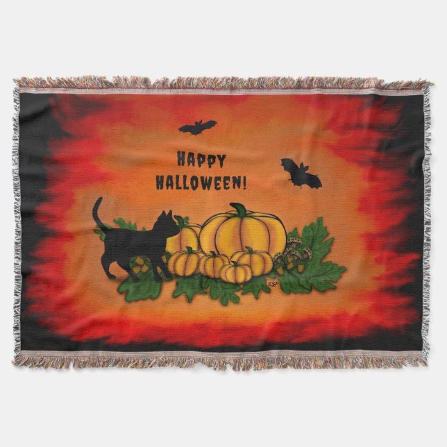 Happy Halloween , Black Cat , Bat and Pumpkin Throw Blanket (Front)