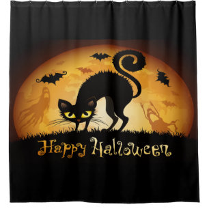 Happy Halloween Black Cat Bats And Ghost Shower Curtain