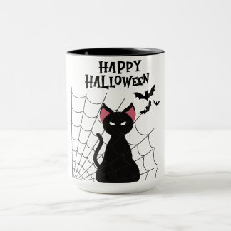 HAPPY HALLOWEEN Black Cat, Bats and Web. Mug