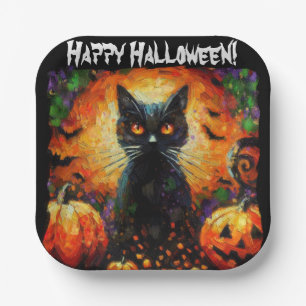 Happy Halloween Black Cat Bats Pumpkins Paper Plate