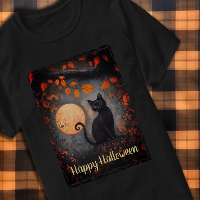 Happy Halloween Black Cat Full Moon Art Ornate  T-Shirt (Happy Halloween Black Cat Full Moon Art Ornate Adult T-Shirt)