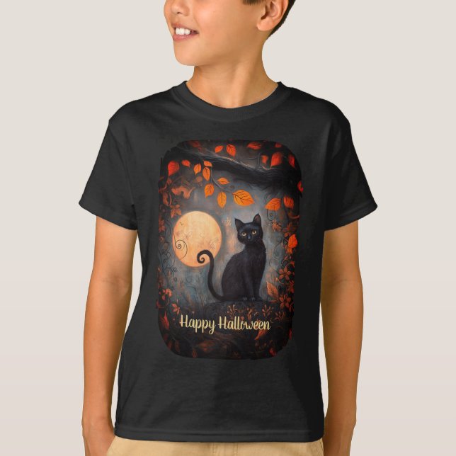 Happy Halloween Black Cat Full Moon Art T-Shirt (Front)
