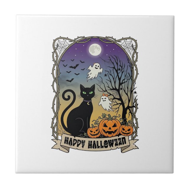 Happy Halloween Black Cat Ghosts Pumpkins_1 Ceramic Tile (Front)