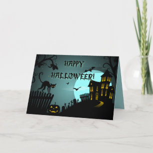 Happy Halloween Black Cat Haunted House Blue Card