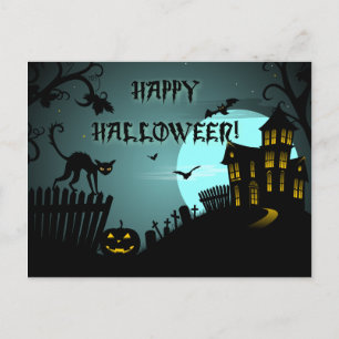 Happy Halloween Black Cat Haunted House Blue Postcard
