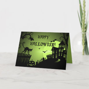 Happy Halloween Black Cat Haunted House Card