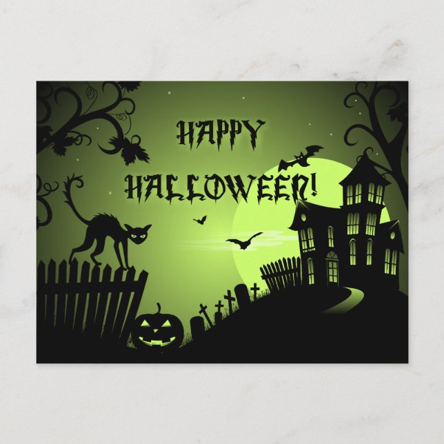 Happy Halloween Black Cat Haunted House Postcard (Front)