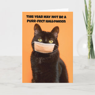 Happy Halloween Black cat in Face Mask Humour Holiday Card