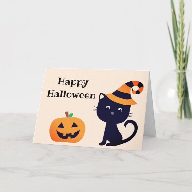 Happy Halloween Black Cat Jack O Lantern Card (Front)