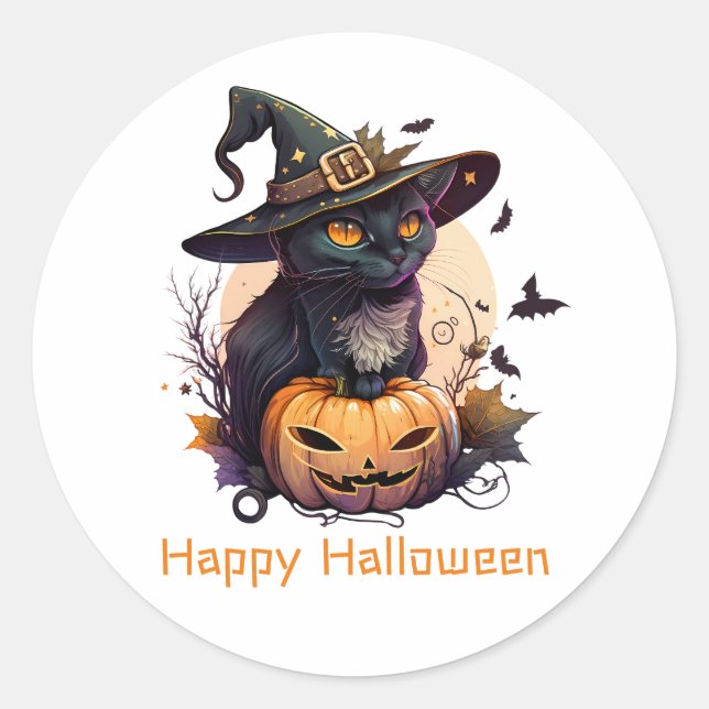 Happy Halloween Black Cat Jack-o-Lantern Classic Round Sticker (Front)