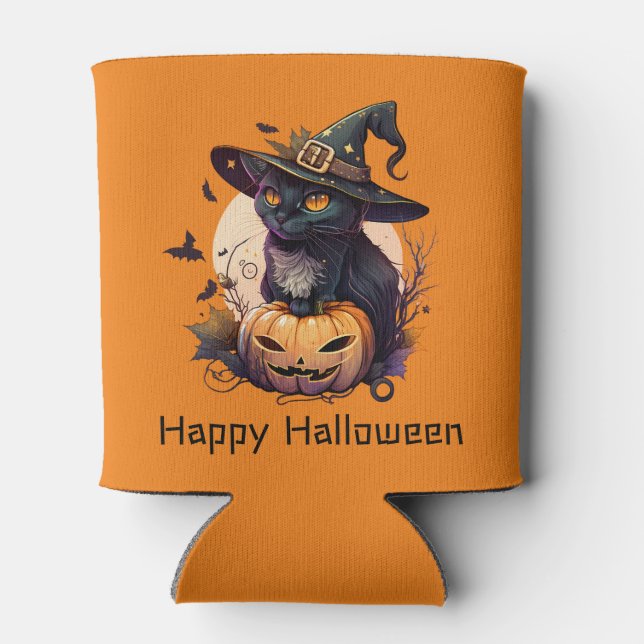 Happy Halloween Black Cat Jack-o-Lantern Orange Can Cooler (Back)