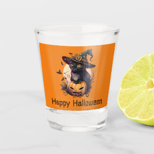 Happy Halloween Black Cat Jack-o-Lantern Orange Shot Glass