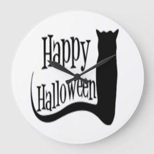 "HAPPY HALLOWEEN" BLACK CAT LARGE CLOCK