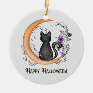 Happy Halloween – Black Cat on Crescent Moon Ceramic Ornament