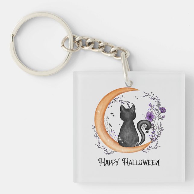 Happy Halloween – Black Cat on Crescent Moon Key Ring (Front)