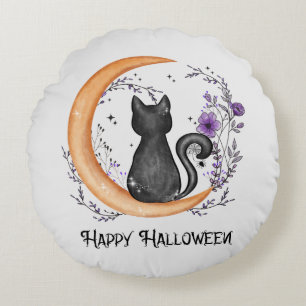 Happy Halloween – Black Cat on Crescent Moon Round Cushion