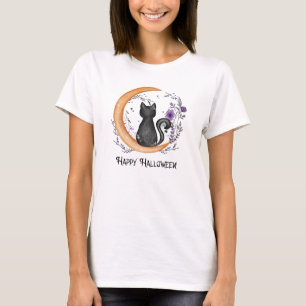Happy Halloween – Black Cat on Crescent Moon T-Shirt