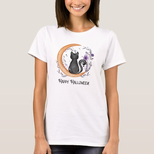 Happy Halloween – Black Cat on Crescent Moon T-Shirt (Front)