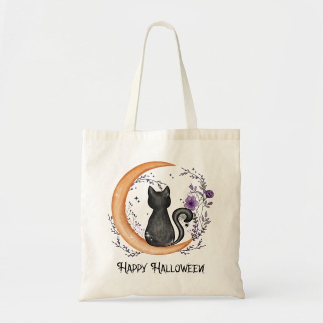 Happy Halloween – Black Cat on Crescent Moon Tote Bag (Front)