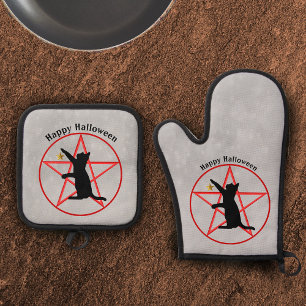Happy Halloween Black Cat on Pentagram Grey Oven Mitt & Pot Holder Set