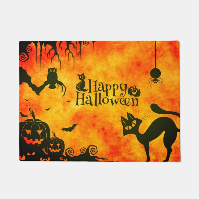 Happy Halloween Black cat, owl, pumpkins Doormat (Front)