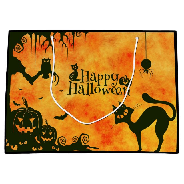 Happy Halloween Black cat, owl, pumpkins Large Gift Bag (Front)