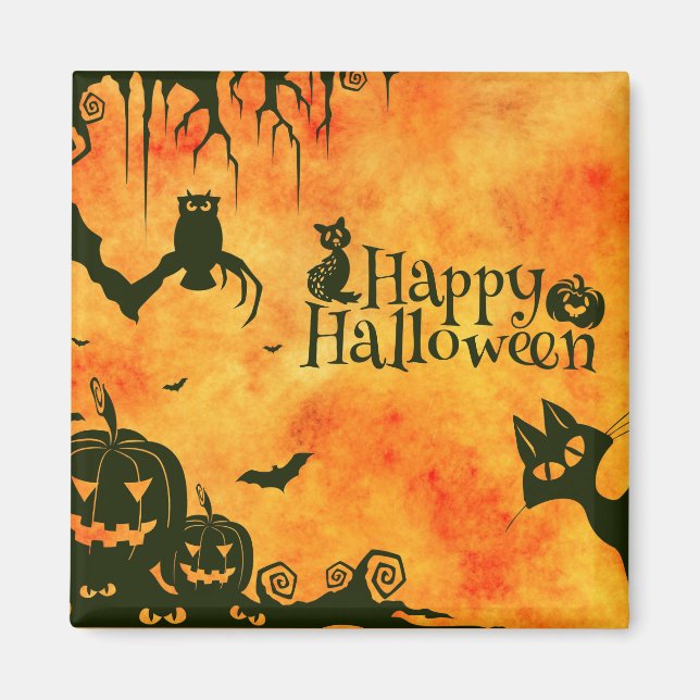 Happy Halloween Black cat, owl, pumpkins Magnet (Front)