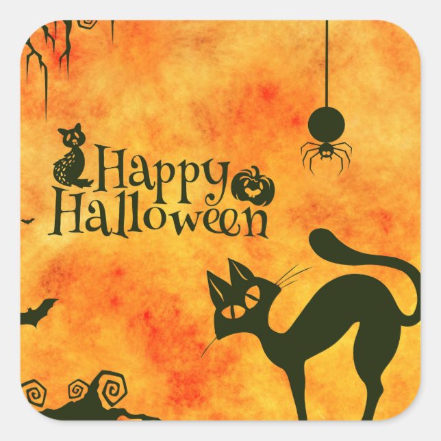 Happy Halloween Black cat, owl, pumpkins Square Sticker (Front)