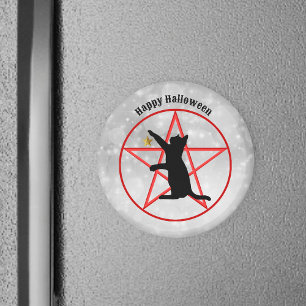 Happy Halloween Black Cat Pentagram on Grey White Magnet