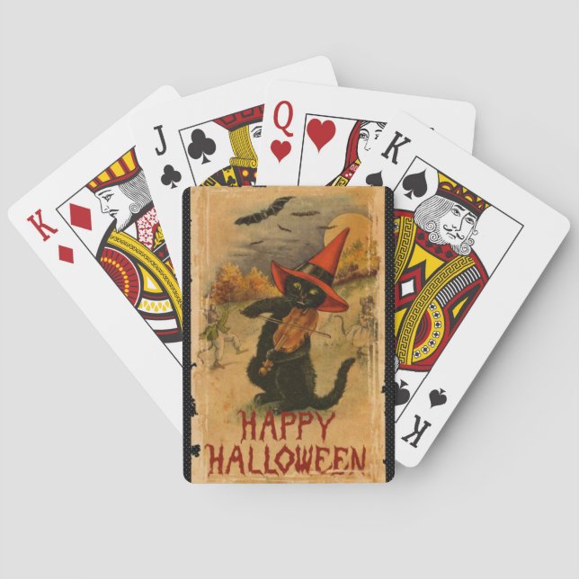 Happy Halloween Black Cat Playing Fiddle Bats Cards (Back)