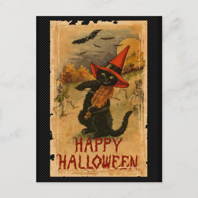 Happy Halloween Black Cat Playing Fiddle Bats Postcard (Front)