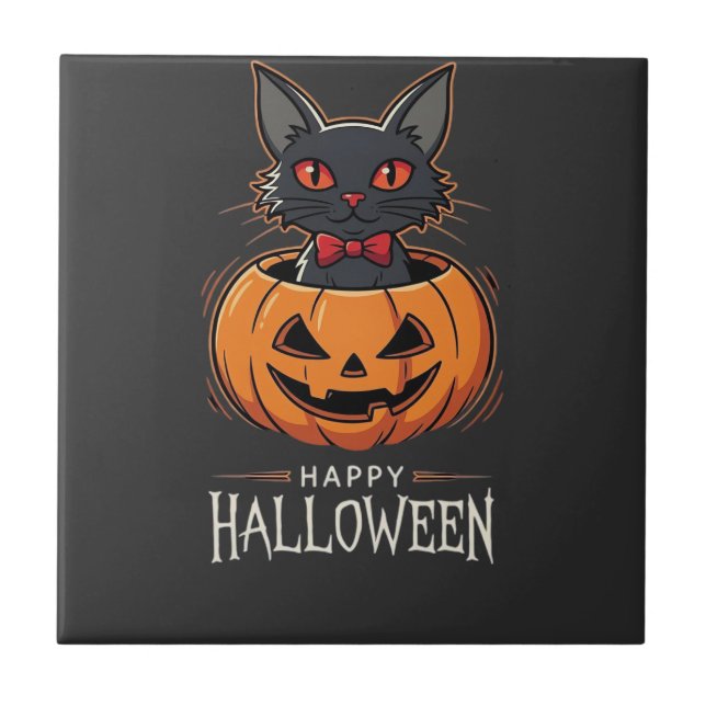 Happy Halloween Black Cat Pumpkin Design_1 Ceramic Tile (Front)